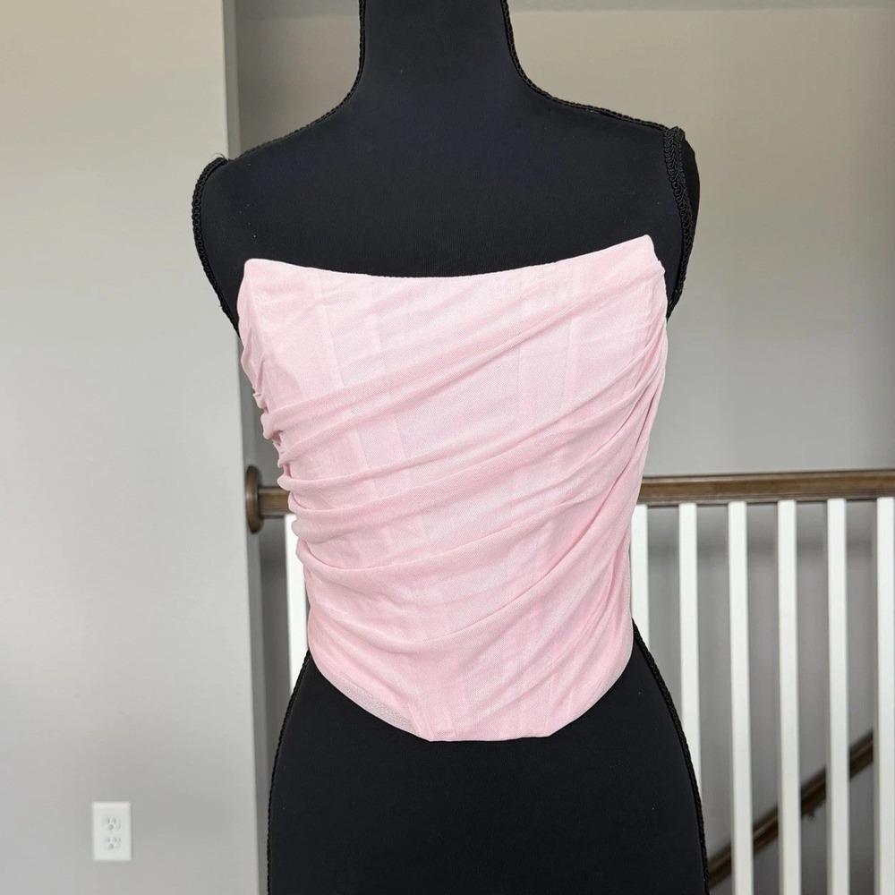 Strapless Bustier Corset Crop Top Small Pink Ruched Mesh Cosplay Coquette Ballet